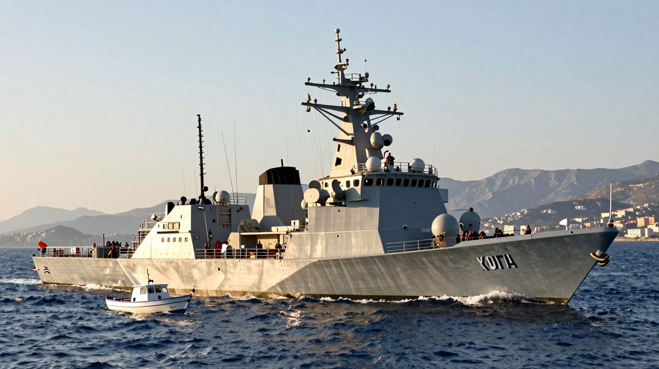 Navio militar cinza navega no mar com montanhas ao fundo e pequeno barco à esquerda.