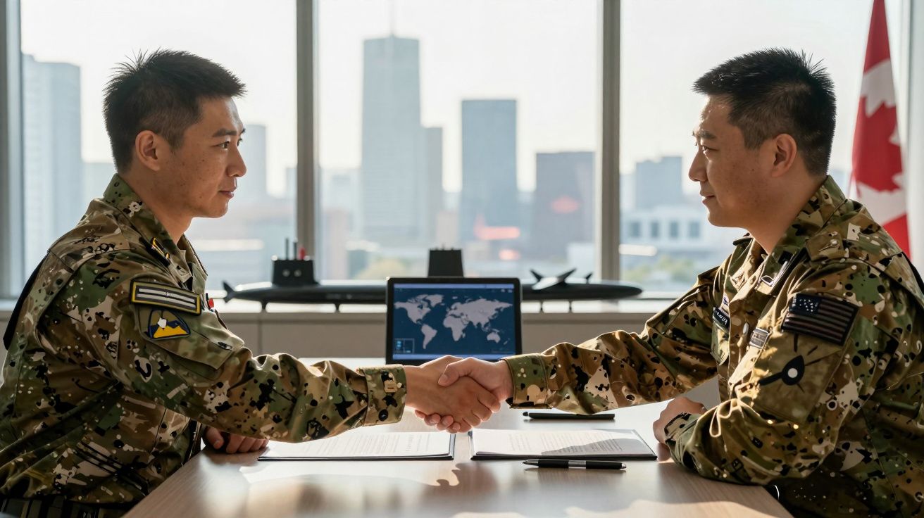 Dois militares apertam as mãos em mesa de escritório, com bandeiras no fundo e um portátil aberto.