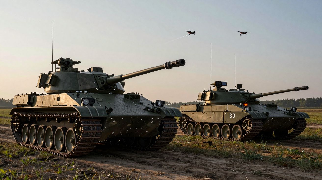 Dois tanques militares verdes em campo aberto com dois drones a sobrevoar ao fundo, sob céu claro.