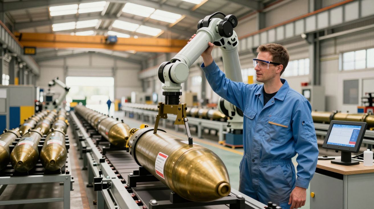 Homem em fábrica de armamento, operando robô para manusear projétil em linha de montagem, usando fato azul e óculos de proteç