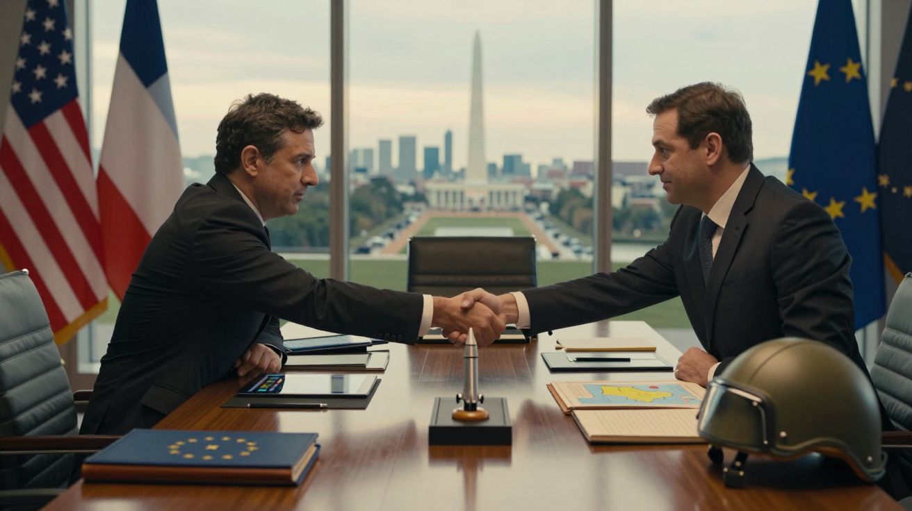 Dois homens apertam as mãos numa sala de reuniões com bandeiras e o Monumento de Washington ao fundo.