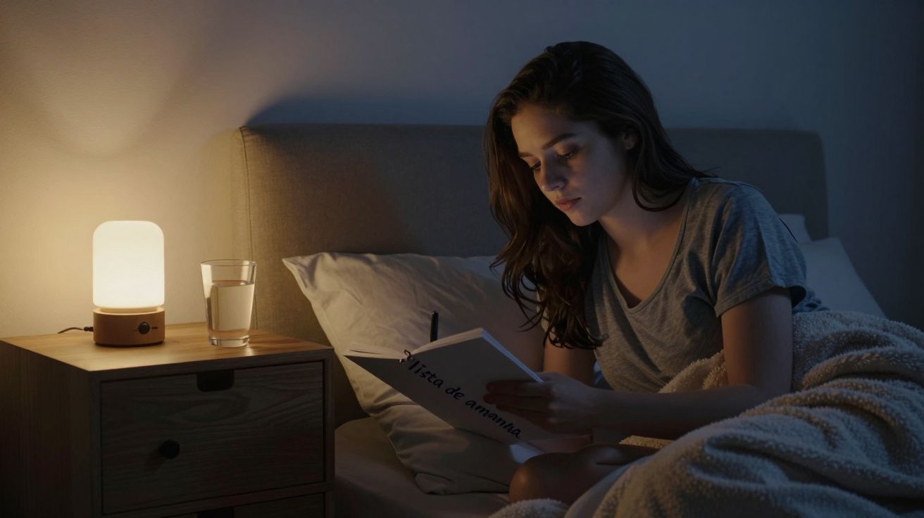 Mulher deitada na cama, lendo um livro à luz de um candeeiro no quarto à noite.