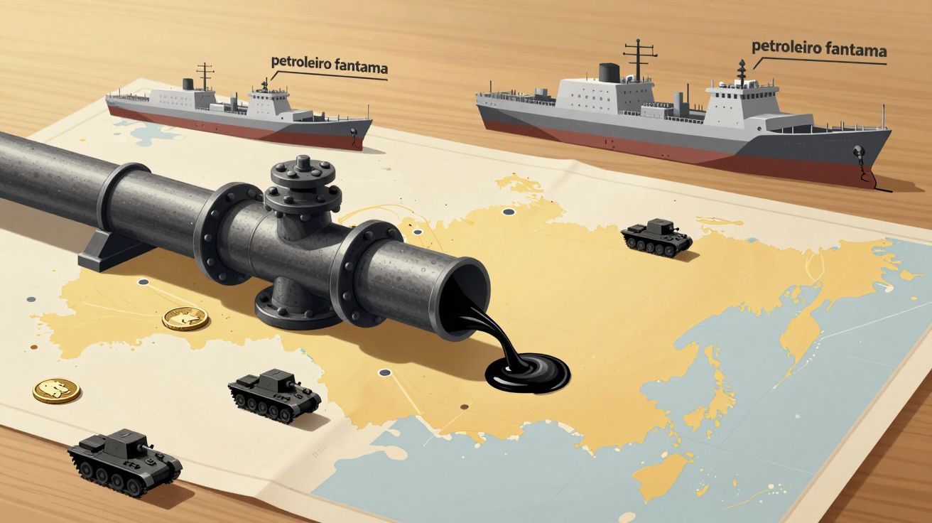 Mapa com petroleiros e cano a derramar petróleo, tanques militares e moedas.