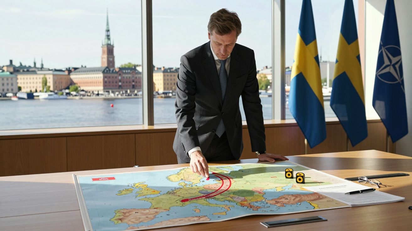 Homem de fato analisa mapa da Europa em sala com bandeiras da Suécia e da NATO ao fundo. Vista de cidade e rio pela janela.