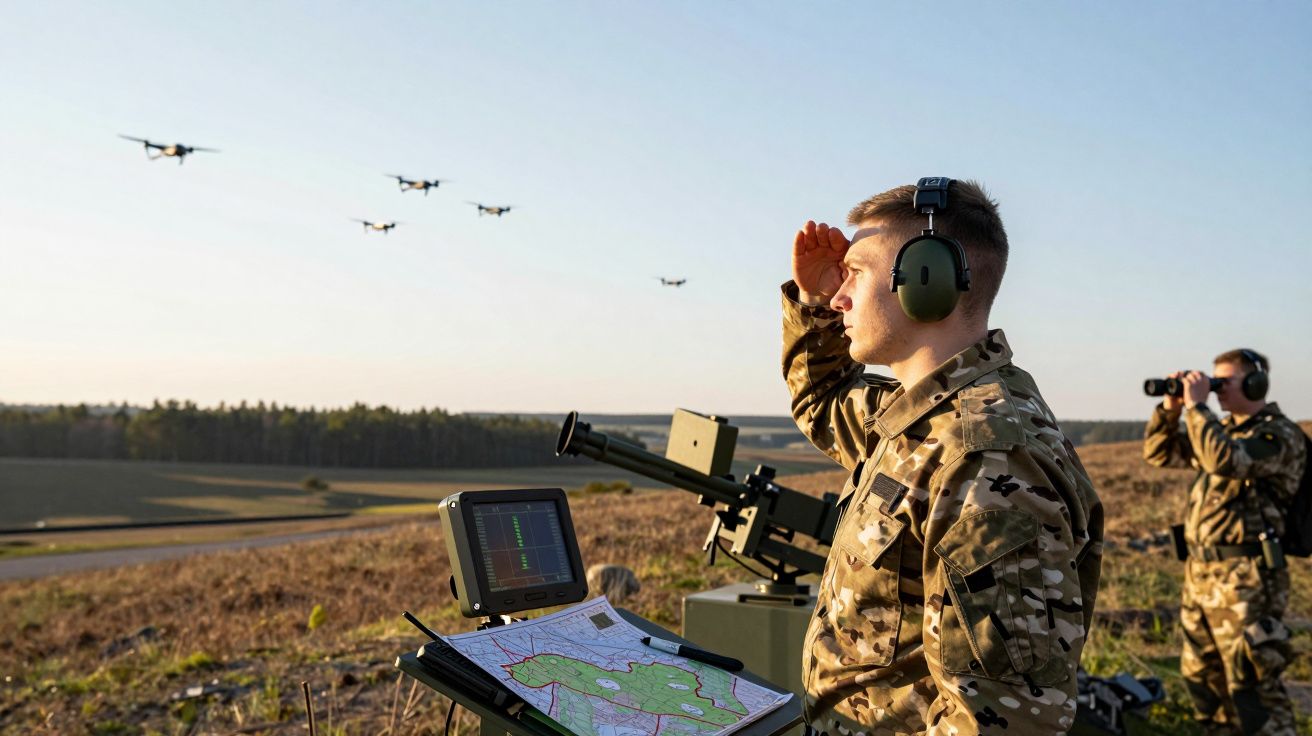 Soldado observa drones no céu durante manobra militar com mapa e equipamentos ao ar livre. Outro soldado usa binóculos.