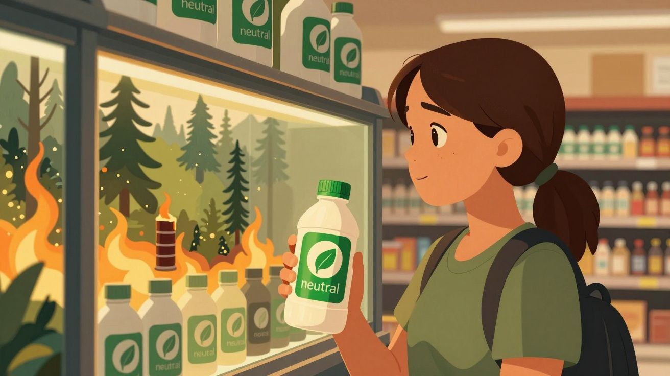 Jovem segura garrafa ecológica, olhando uma prateleira com fundo de floresta em chamas.