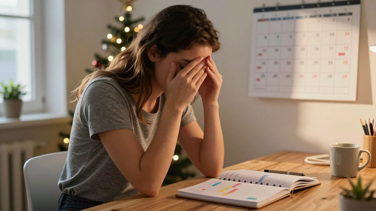 Mulher stressada com a cabeça nas mãos, sentada à secretária com agenda aberta e árvore de Natal ao fundo.