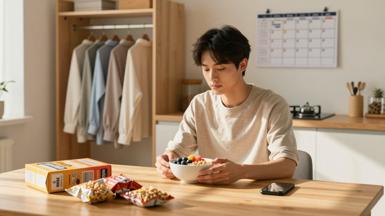 Jovem sentado à mesa com taça de cereais e frutas, telemóvel ao lado. Roupa organizada ao fundo e calendário na parede.