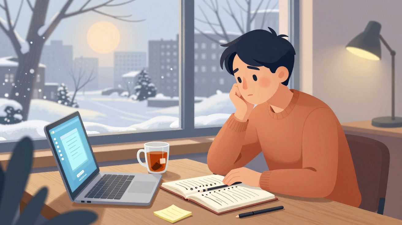 Pessoa a estudar num escritório com neve lá fora, ao lado de um portátil e uma chávena de chá.