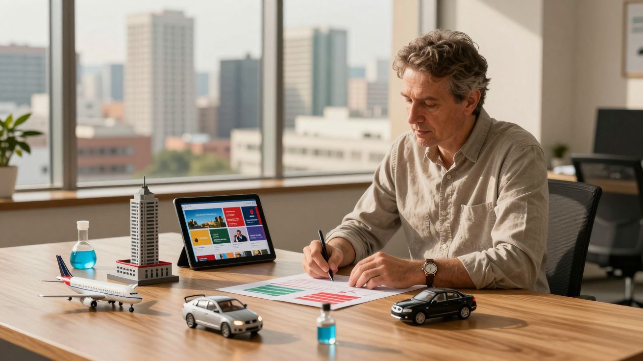 Homem a trabalhar num escritório, escrevendo em papéis, com um tablet ao lado e miniaturas de carros e avião na mesa.