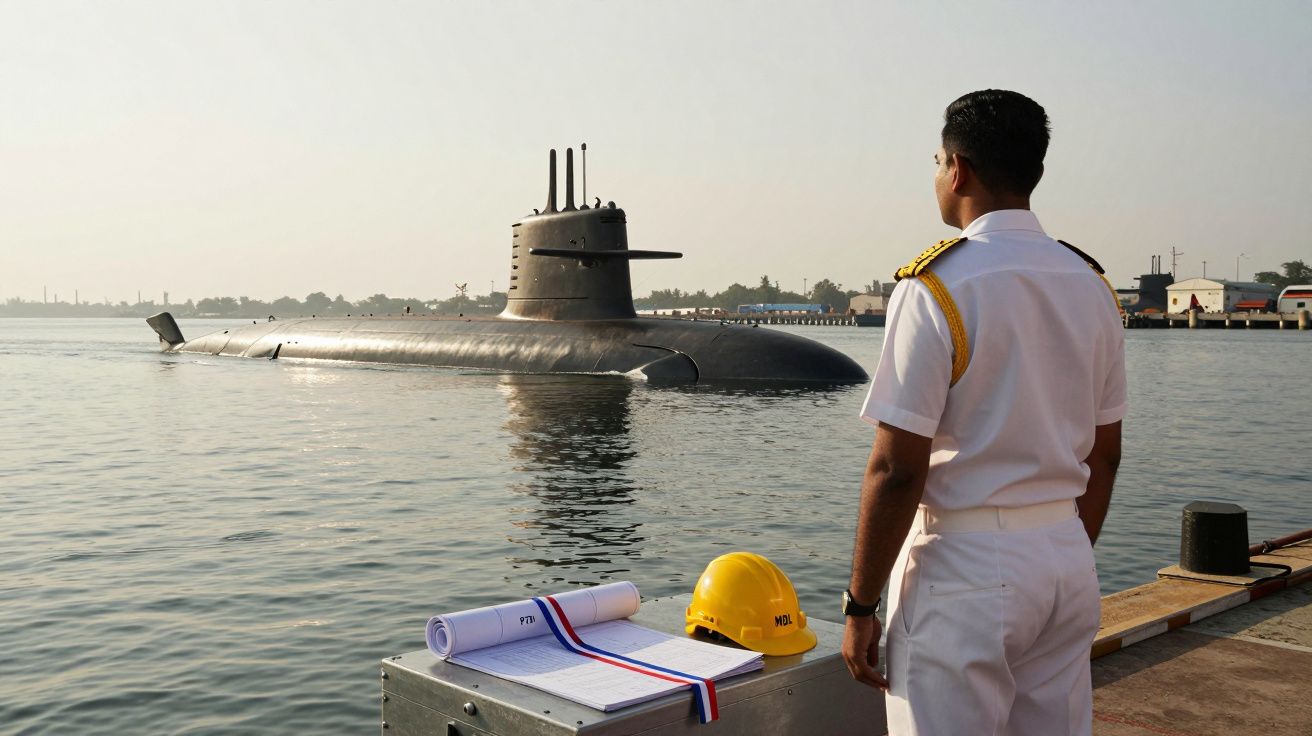 Militar observa submarino na doca, ao lado de capacete e planta.