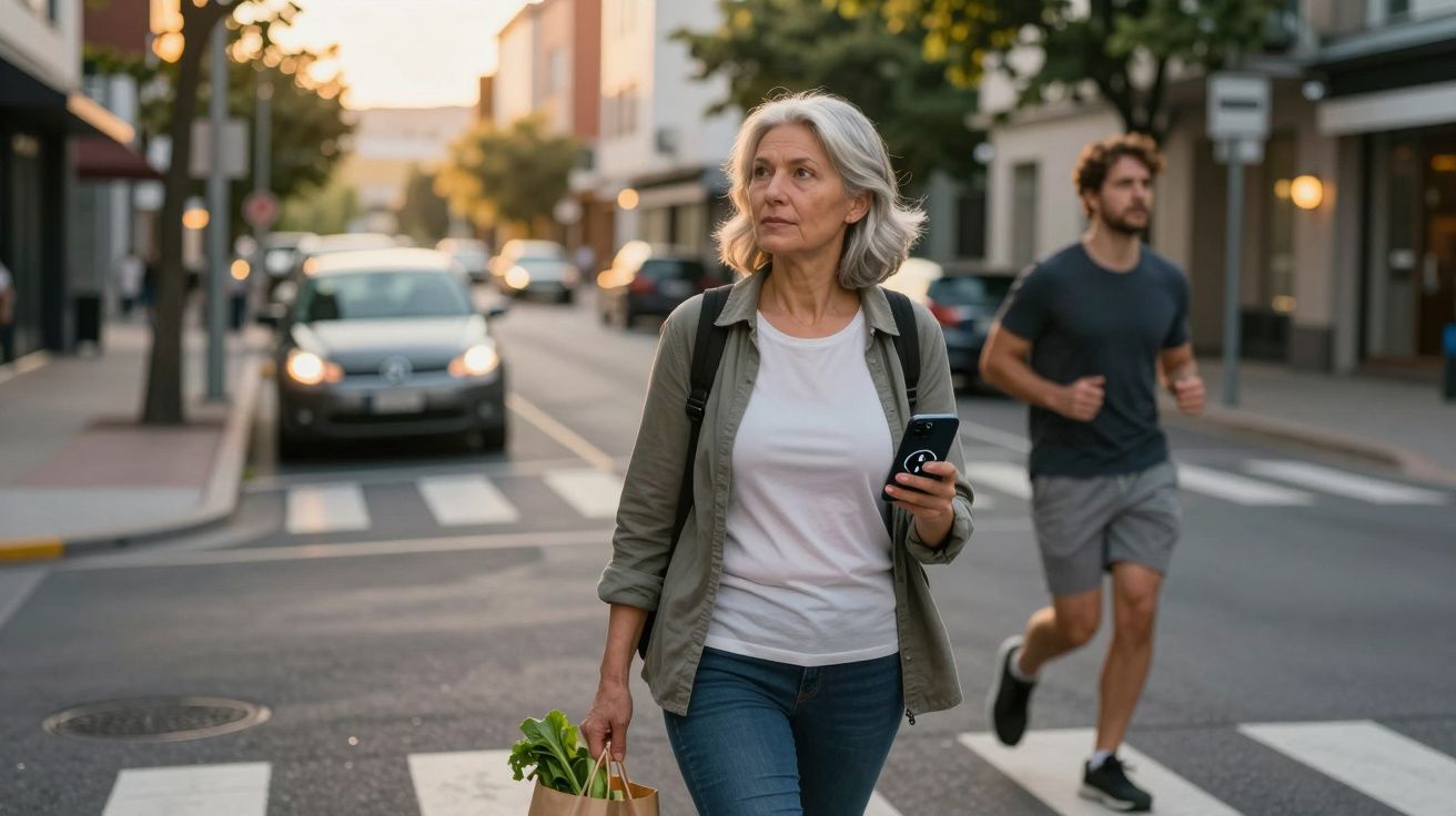 Mulher idosa atravessa a rua com sacola e telemóvel; homem a correr em segundo plano.
