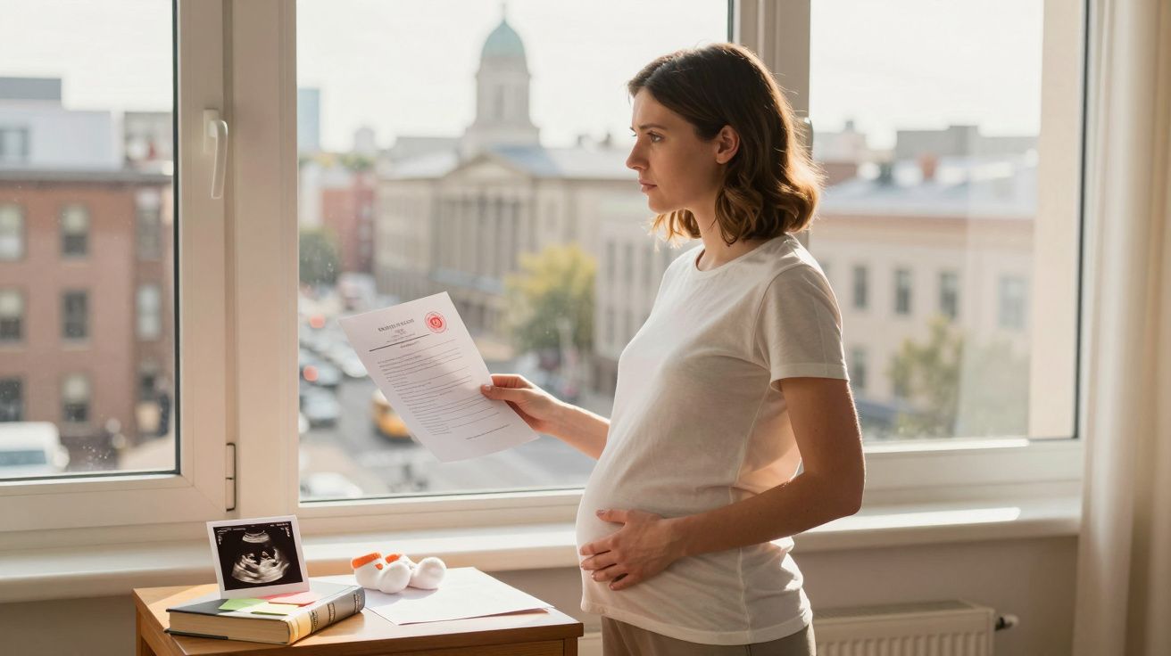 Mulher grávida junto a janela, segurando documentos, com ecografia e brinquedos sobre a mesa. Vista de cidade ao fundo.