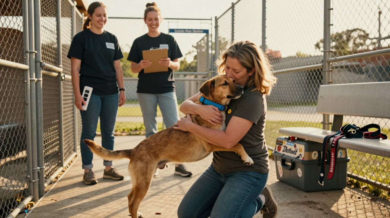 Mulher abraça cão castanho num abrigo de animais ao ar livre, enquanto duas pessoas observam felizes ao fundo.
