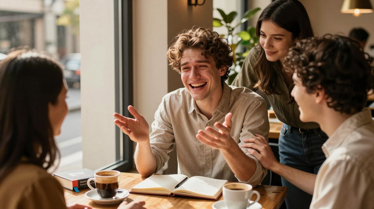 Grupo de amigos a rir num café, com chávenas de café e um caderno na mesa.