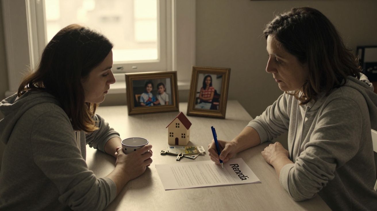 Duas mulheres conversam numa mesa com documentos de "Renda", chávenas, uma miniatura de casa e molduras ao fundo.