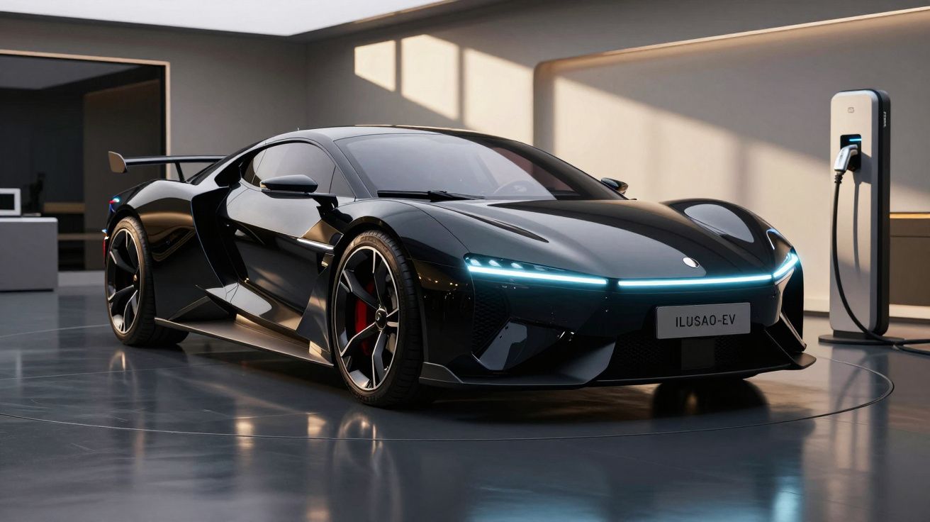 Carro desportivo elétrico preto numa garagem, ligado a um carregador, com design aerodinâmico e luzes LED azuis.
