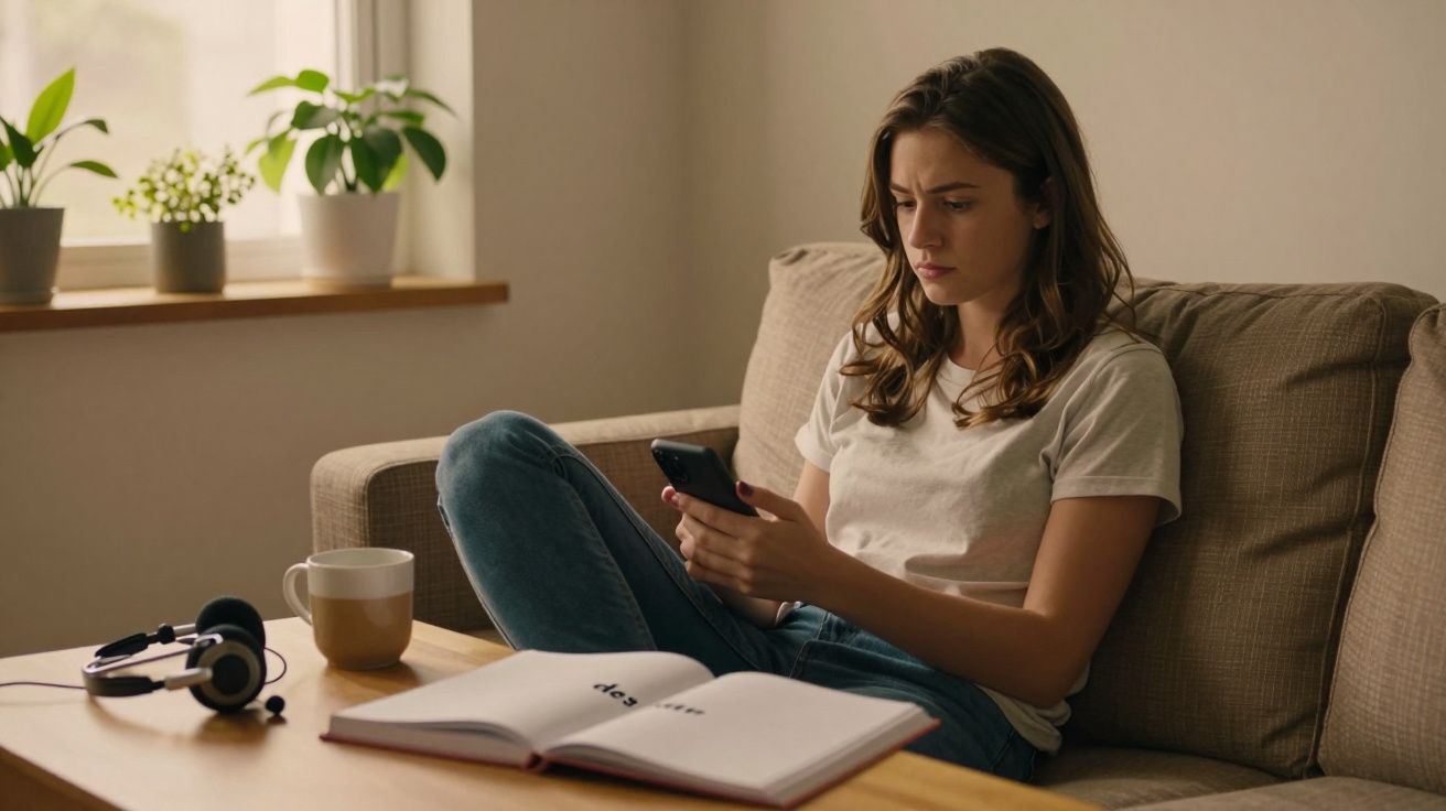 Mulher sentada no sofá, olhando para o telemóvel. Mesa com livro aberto, chávena e auscultadores à frente dela.