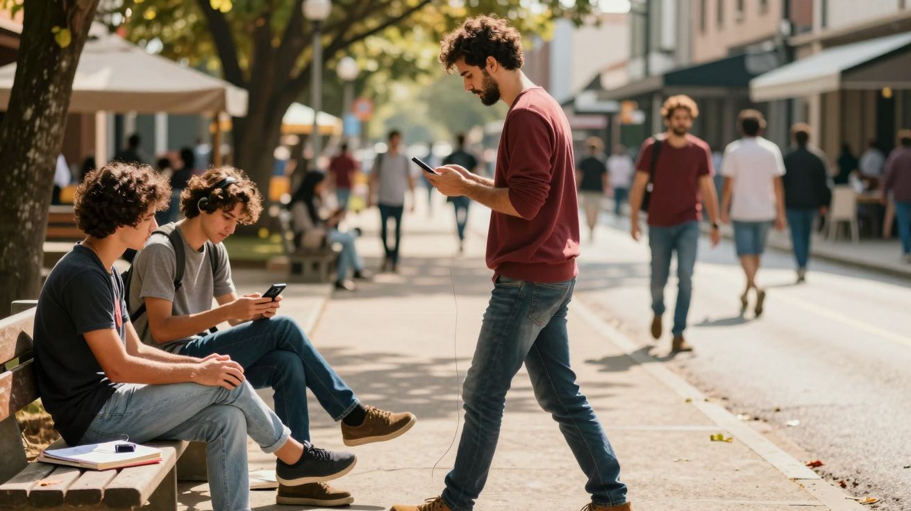Rua movimentada com jovens a usar telemóveis; dois sentados num banco, um em pé a caminhar. Ambiente urbano e descontraído.