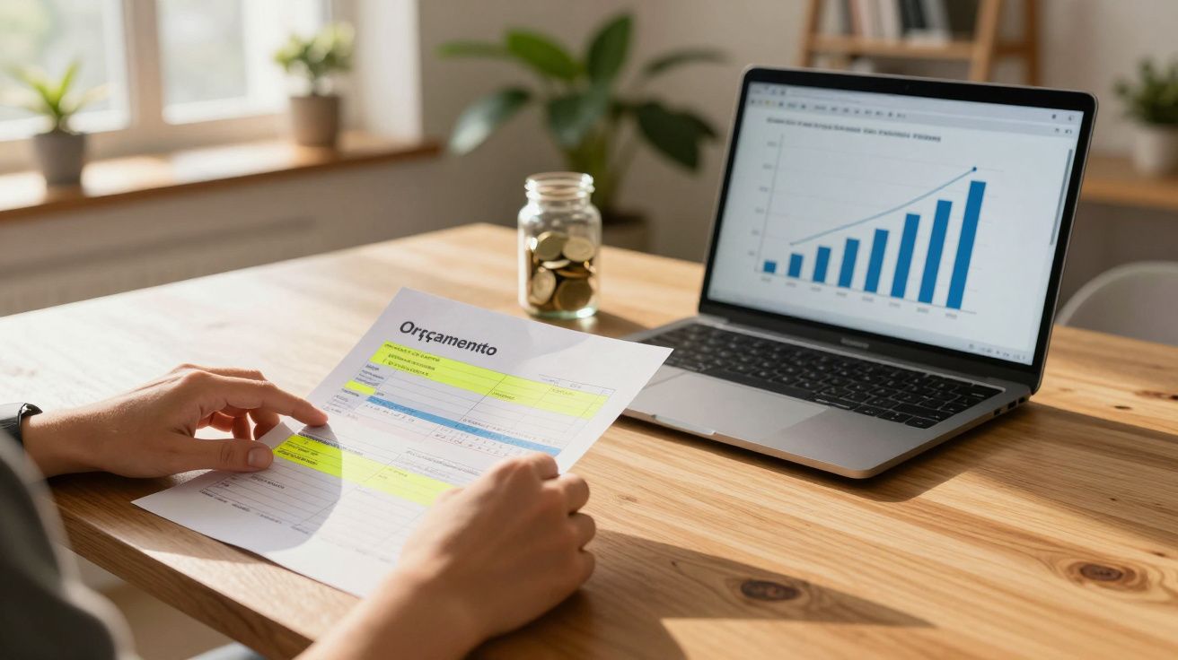 Pessoa analisa folha de orçamento com gráfico de barras em laptop numa mesa de madeira, luz natural ao fundo.