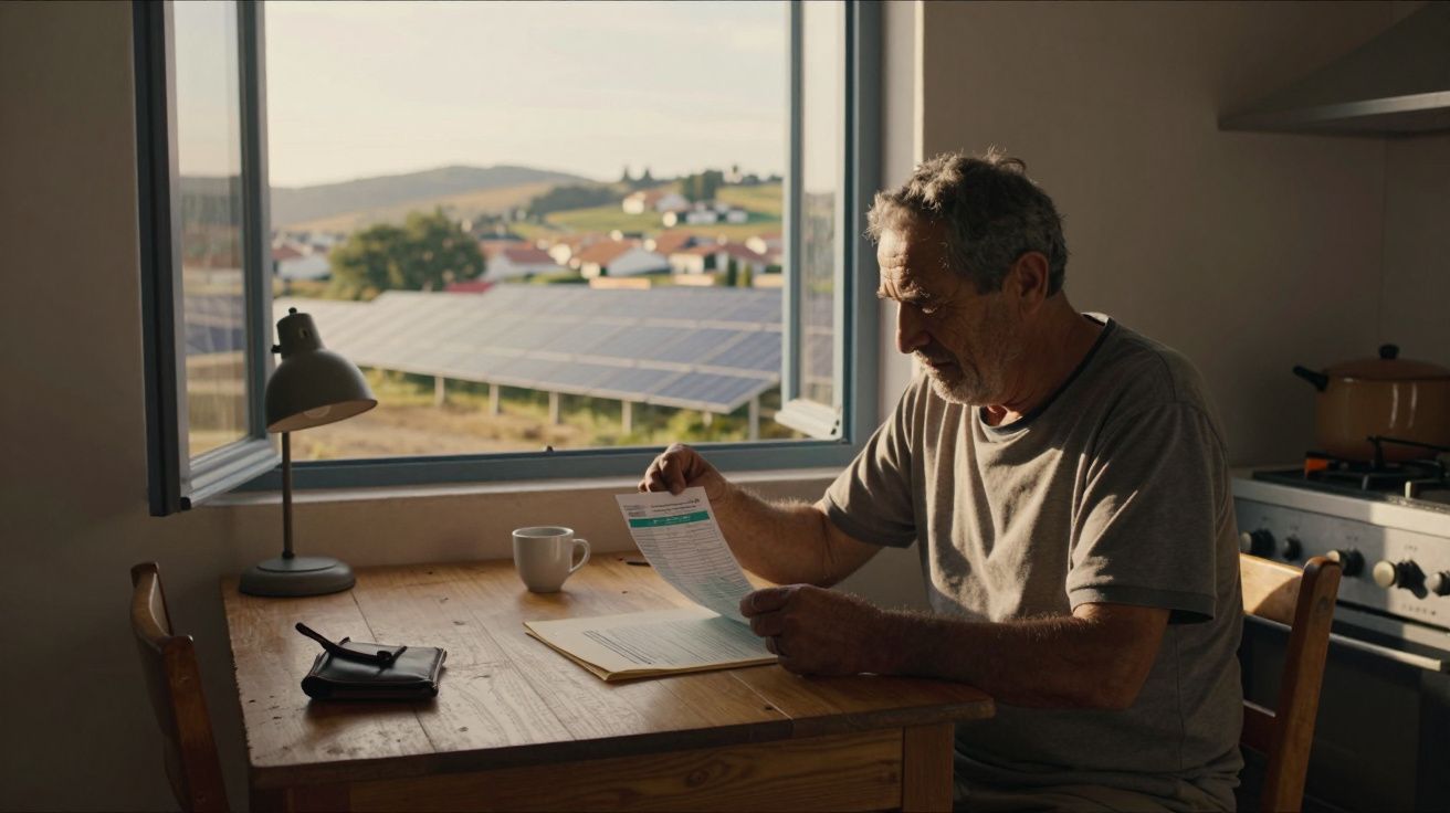 Homem sentado à mesa, lendo documentos, com janela aberta e vista para painéis solares e campo ao fundo.
