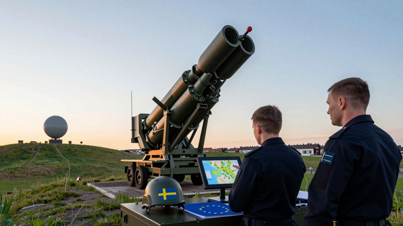 Dois militares controlam um sistema de mísseis enquanto observam um ecrã digital ao ar livre, ao entardecer.