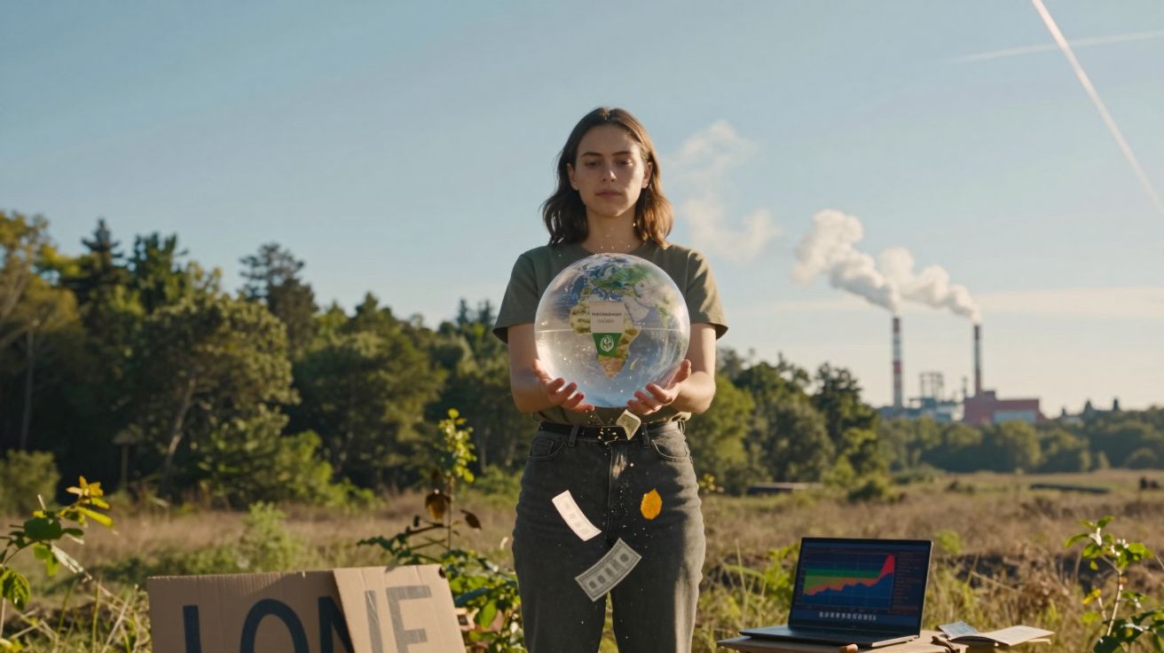 Mulher segura globo transparente ao ar livre com laptop e chaminés ao fundo, destacando a poluição ambiental.