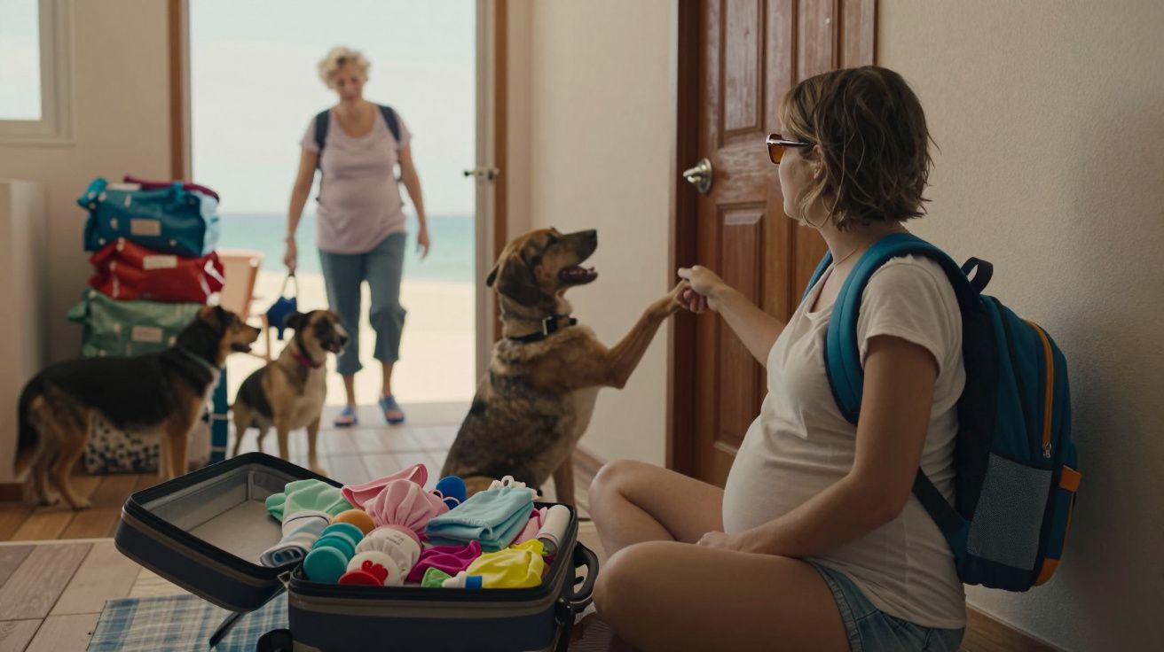 Mulher grávida cumprimenta cão ao lado de uma mala aberta, enquanto uma senhora entra com dois cães ao fundo.
