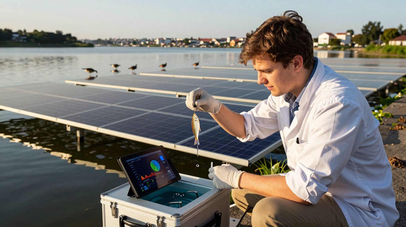 Homem analisa peixe ao lado de painéis solares flutuantes num lago, com tablet em caixa cinzenta envolvida em atividade cient