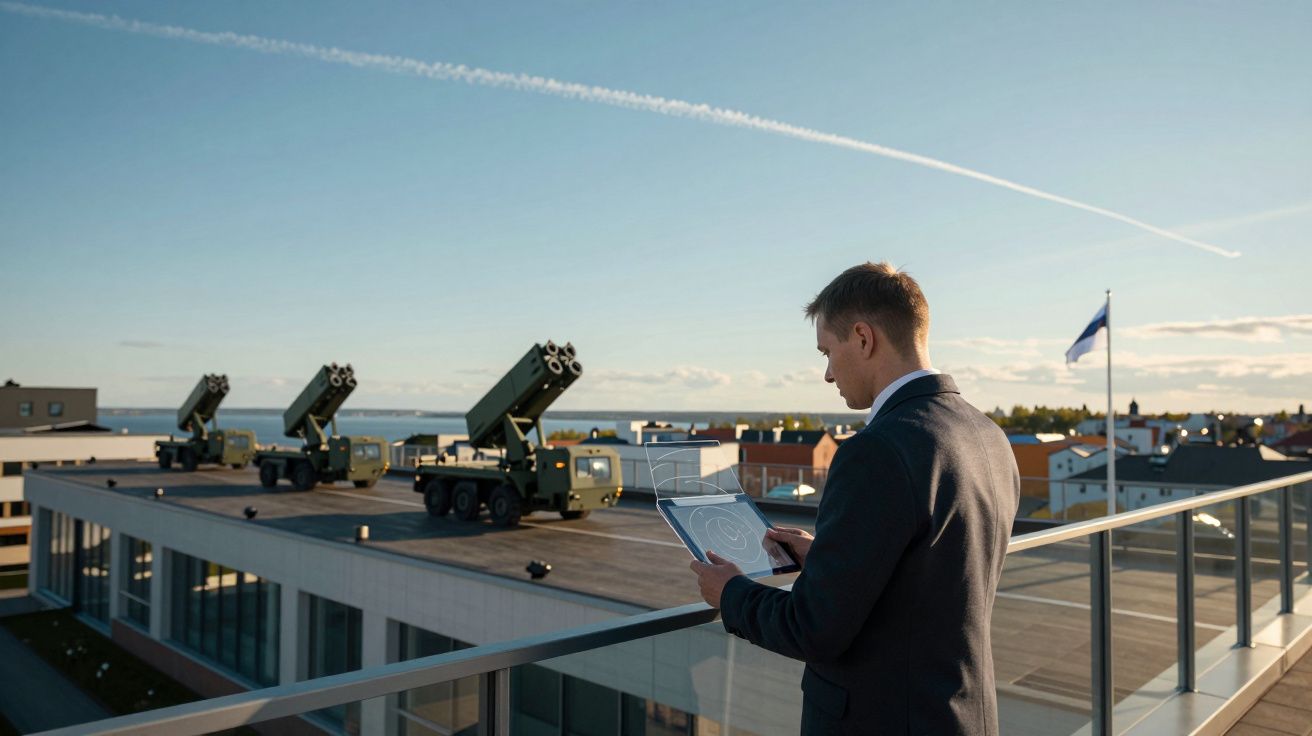 Homem de fato usando tablet em terraço, observando veículos militares com lançadores de mísseis ao fundo.