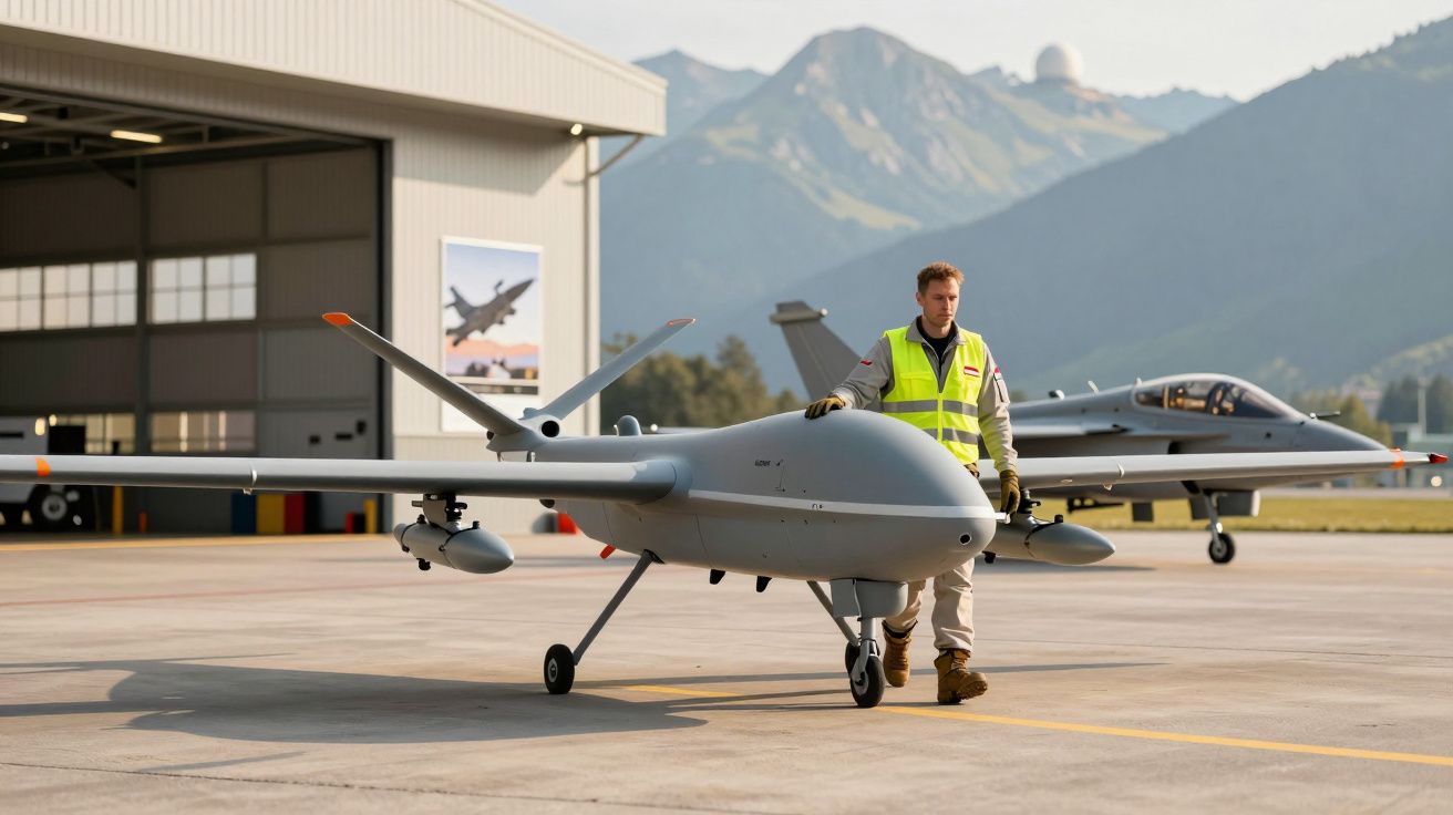 Homem de colete amarelo empurra drone cinzento numa pista de aeroporto, com montanhas ao fundo.