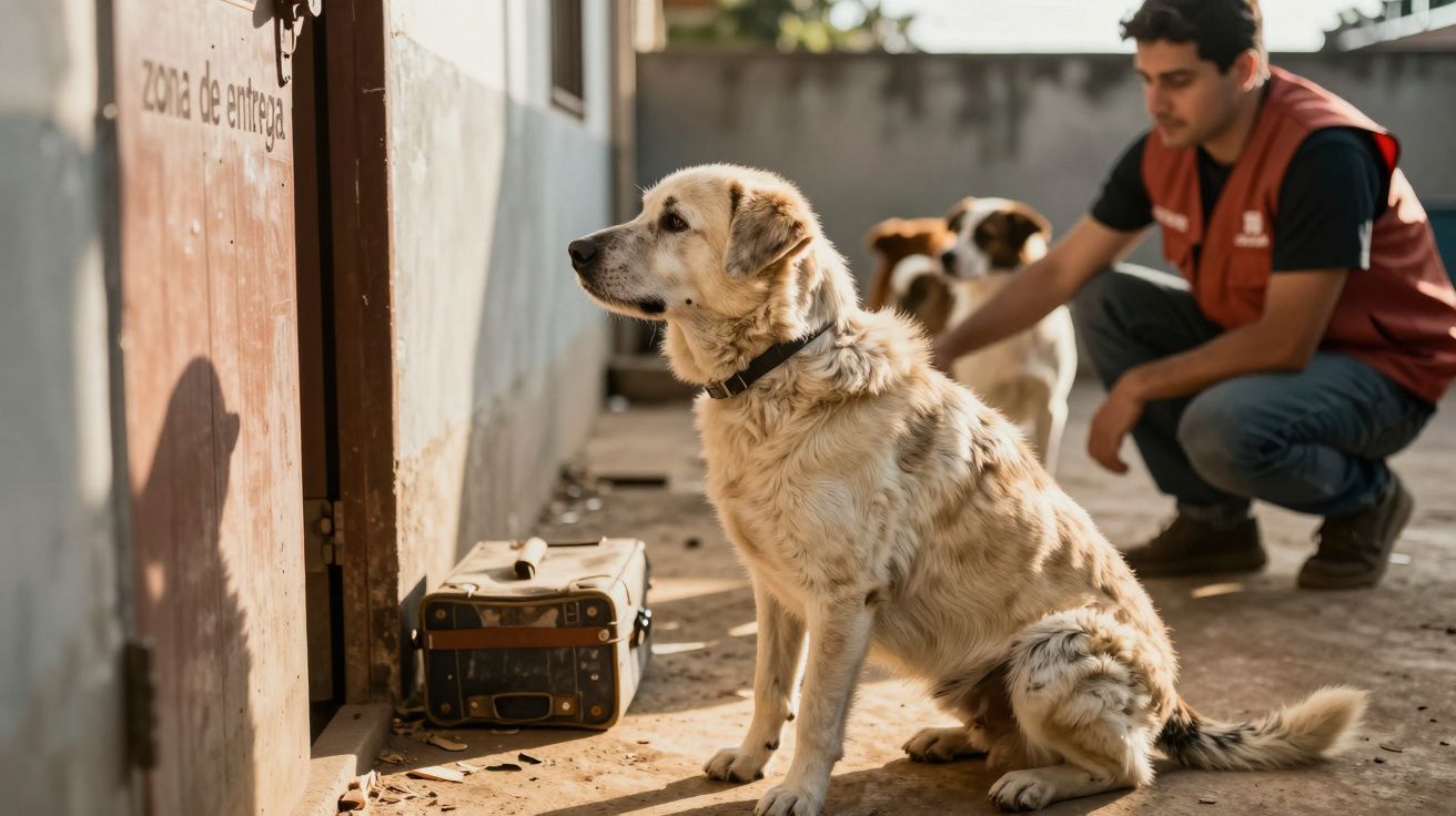 Cão sentado perto de porta com letreiro "zona de entrega"; homem agachado e um cão ao fundo.