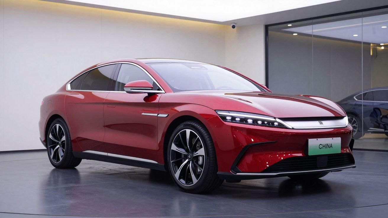 Carro elétrico vermelho numa sala de exposição moderna, com design aerodinâmico e rodas pretas brilhantes.