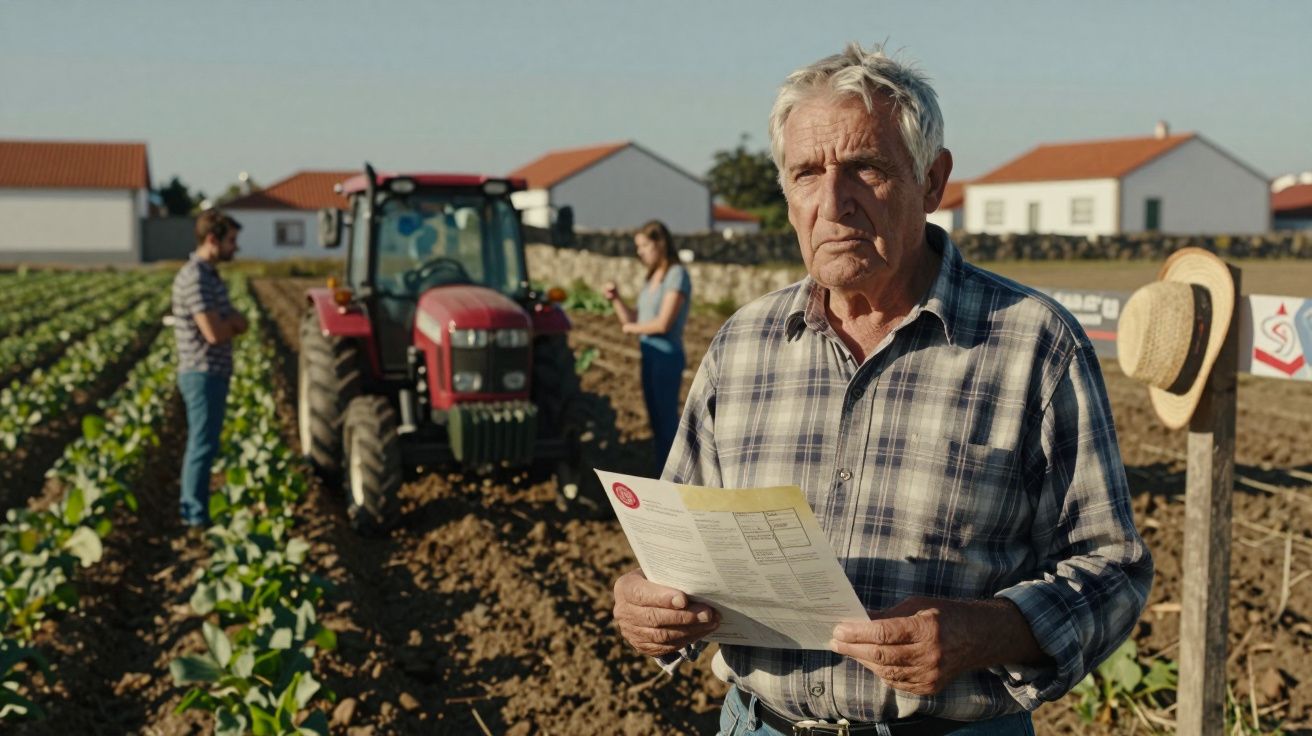Homem idoso segurando papel numa horta, com um trator e duas pessoas ao fundo.
