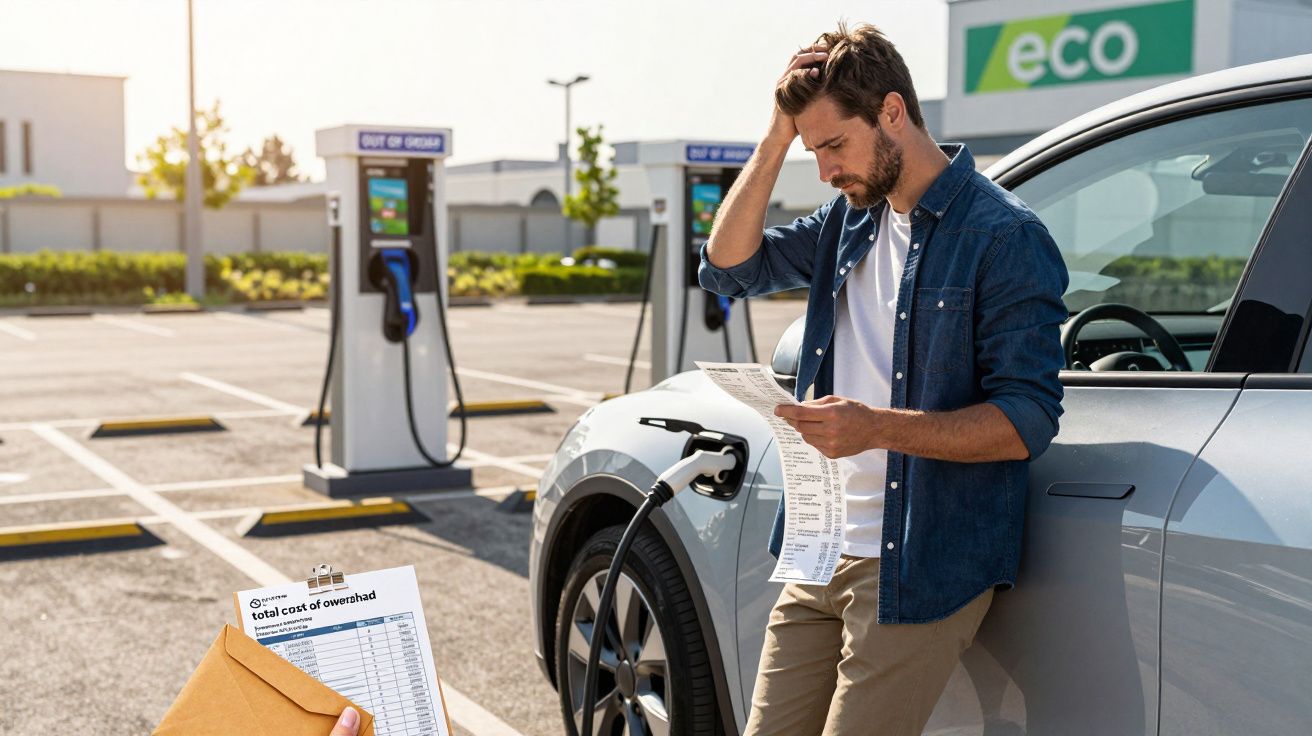 Homem junto a carro elétrico, lendo papel, num posto de carregamento com monitores fora de serviço.