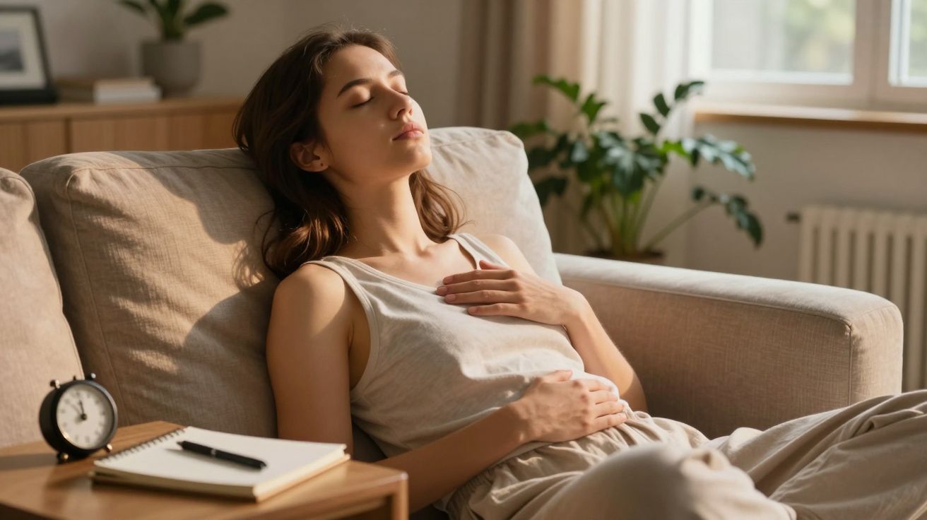 Mulher relaxa num sofá numa sala iluminada, olhos fechados e mãos sobre o peito e abdómen.