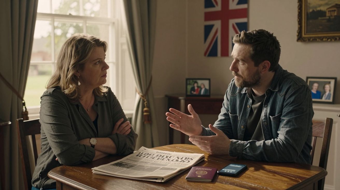 Duas pessoas conversam sentadas à mesa com jornais e passaportes, bandeira britânica ao fundo.
