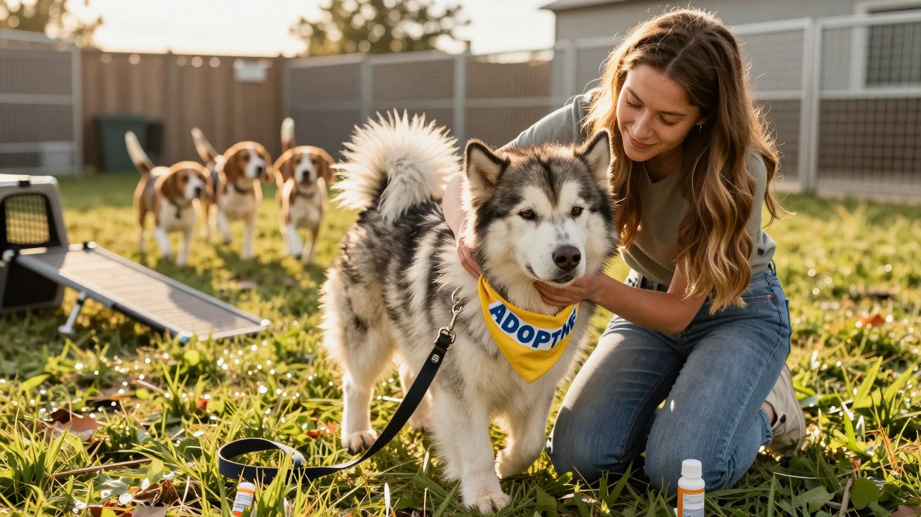 Mulher acaricia cão com lenço "Adoptar" no pescoço, cercado por mais cães, num relvado ensolarado.