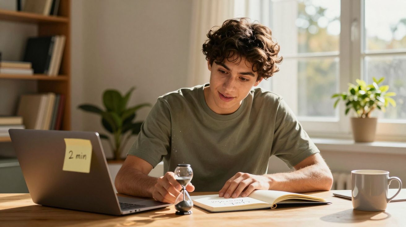 Rapaz a estudar numa mesa, com um computador portátil, ampulheta e chávena, numa sala iluminada pela luz natural.