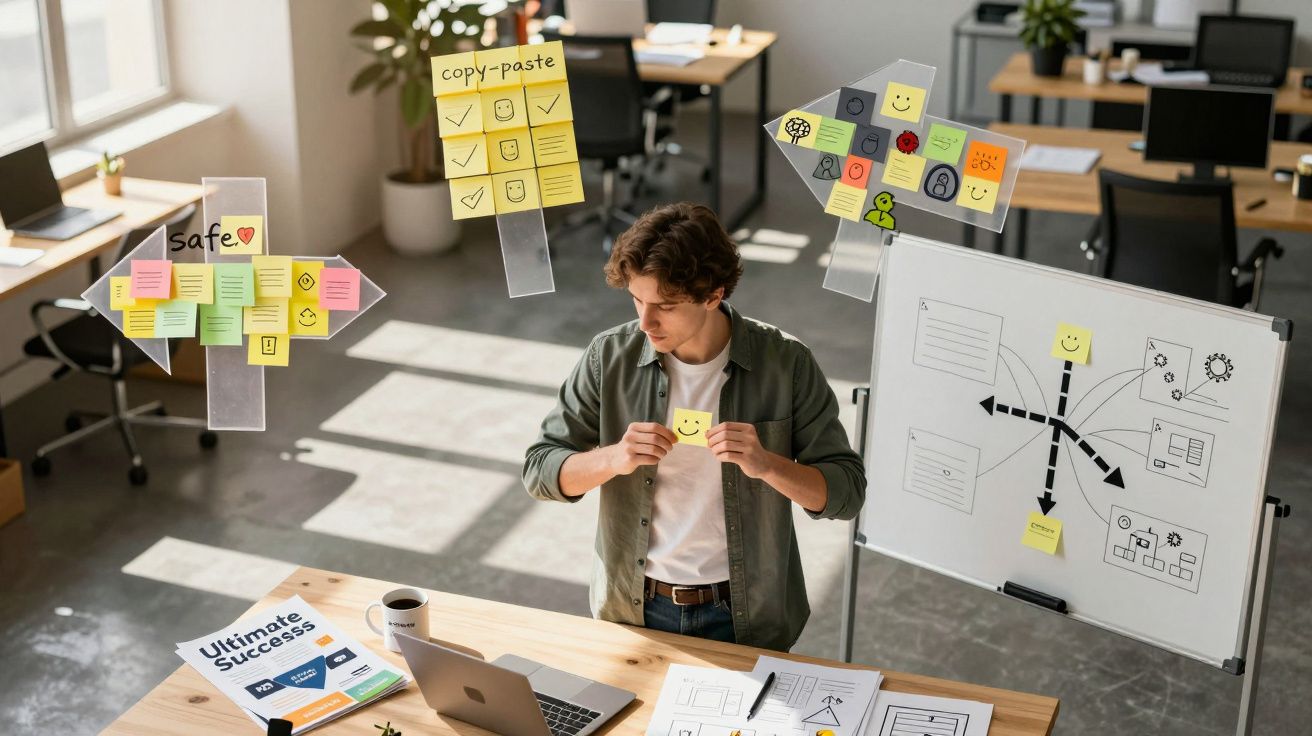 Jovem em escritório segurando post-it com smiley, rodeado por notas adesivas em vidros e quadro branco com gráficos.