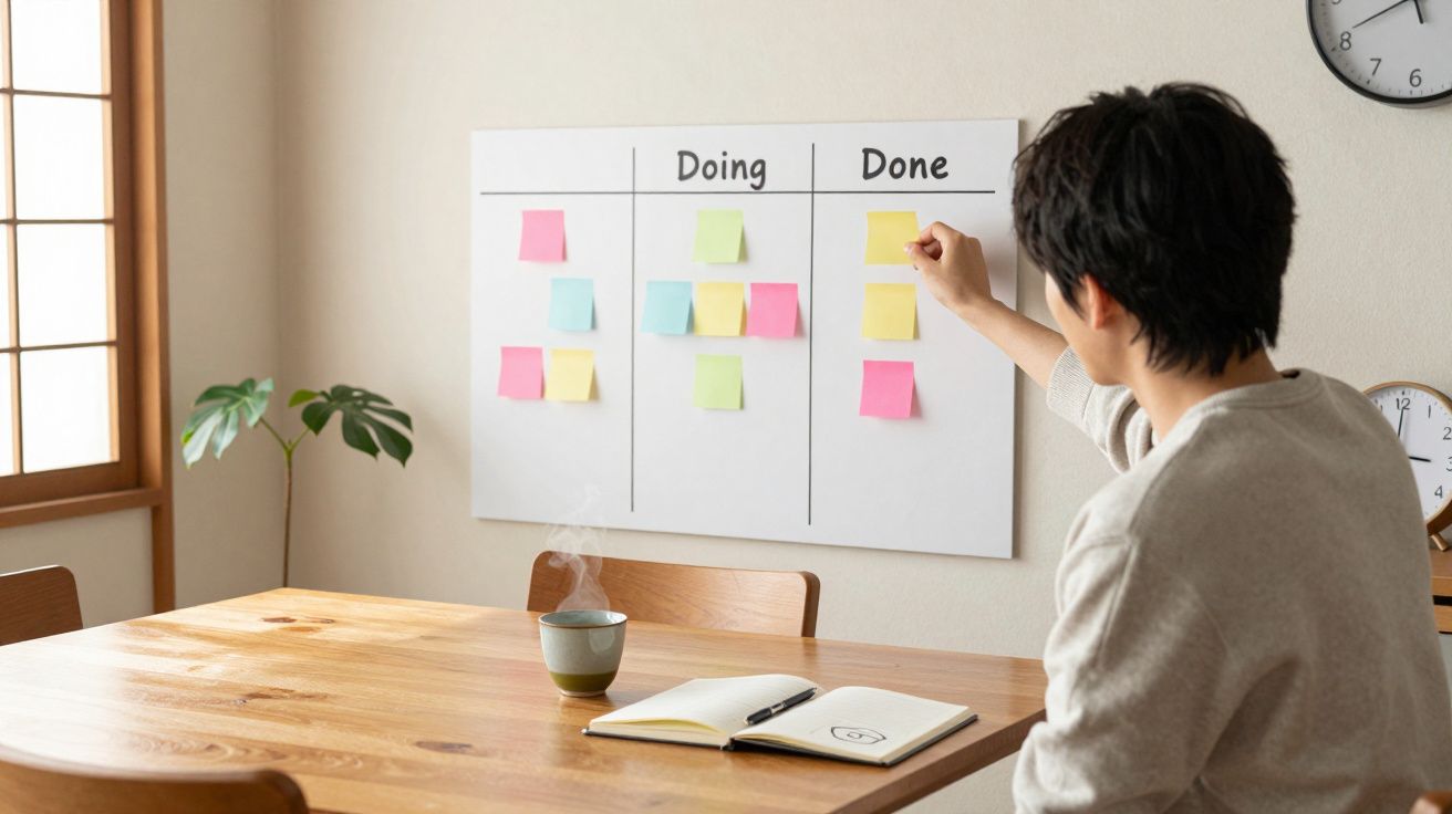 Homem organiza notas numa tabela Kanban em casa, com chá e bloco de notas na mesa.