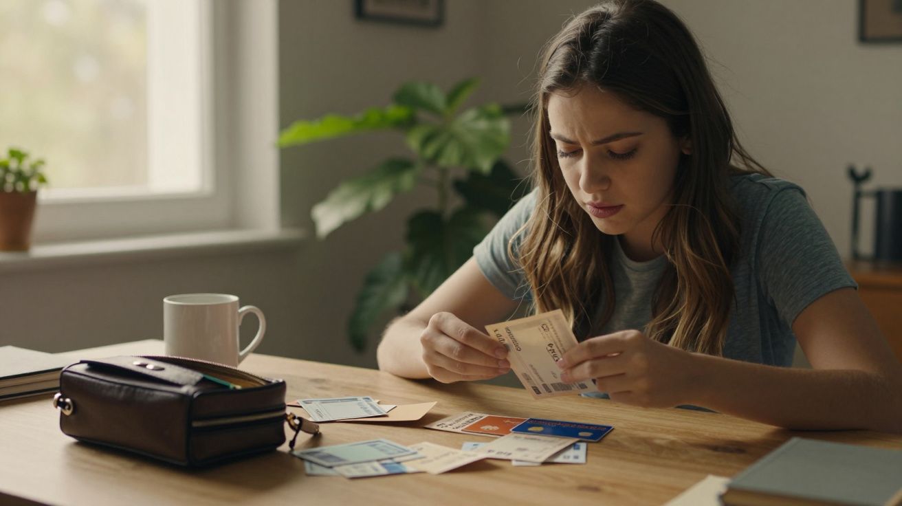 Mulher sentada à mesa a contar notas, rodeada de papéis e cartões, com expressão preocupada.