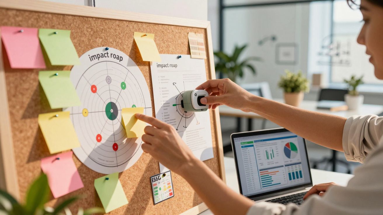 Pessoa analisa gráficos em computador portátil e quadro de cortiça com notas adesivas num escritório moderno.