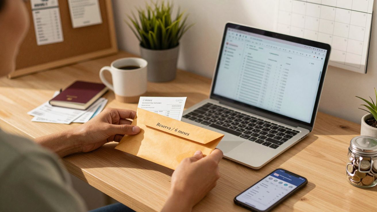 Pessoa a abrir envelope com "Reserva 6 meses" ao lado de portátil, telemóvel e chávena numa secretária.