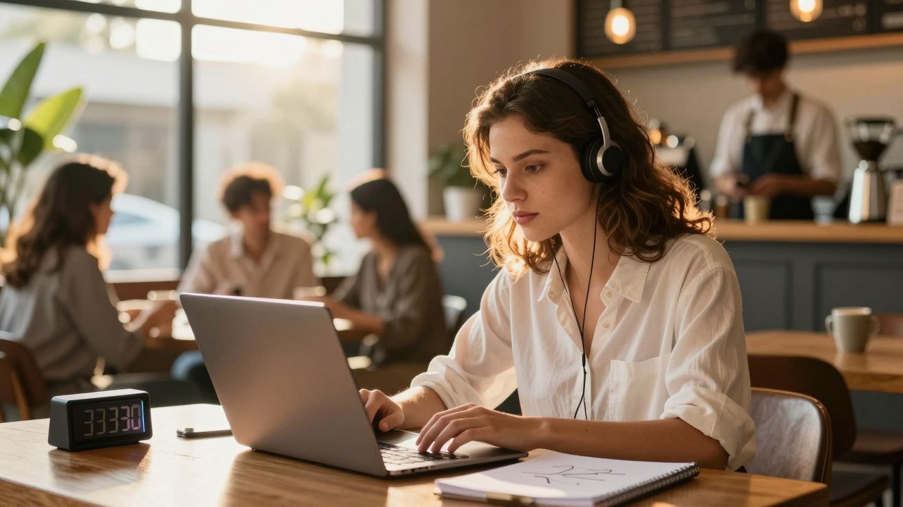 Mulher jovem a trabalhar num portátil, com auscultadores, numa cafetaria iluminada e moderna.