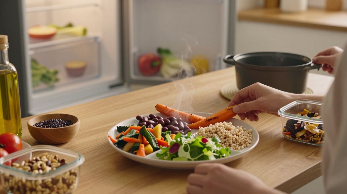 Pessoa a servir cenouras quentes num prato com legumes variados, feijão e grãos numa cozinha.