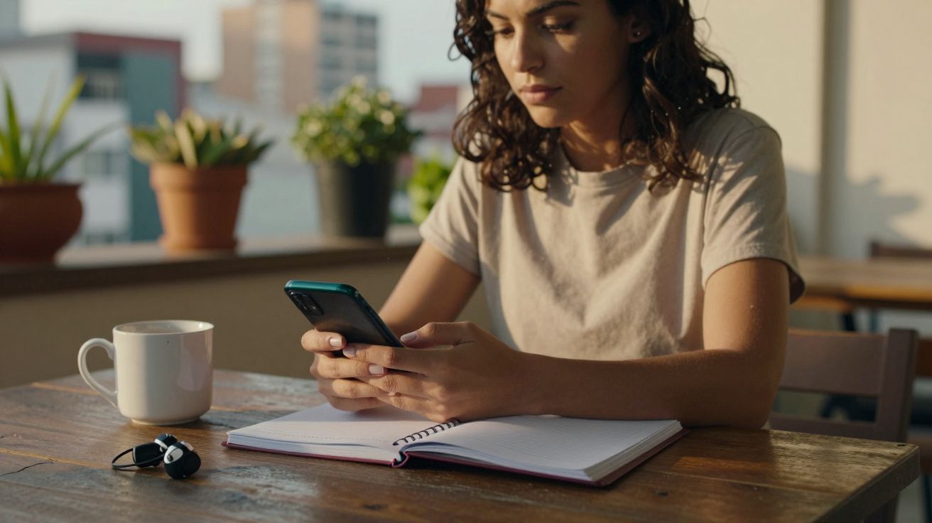 Mulher sentada à mesa com caderno aberto a usar telemóvel, com chávena e auscultadores perto, luz natural.
