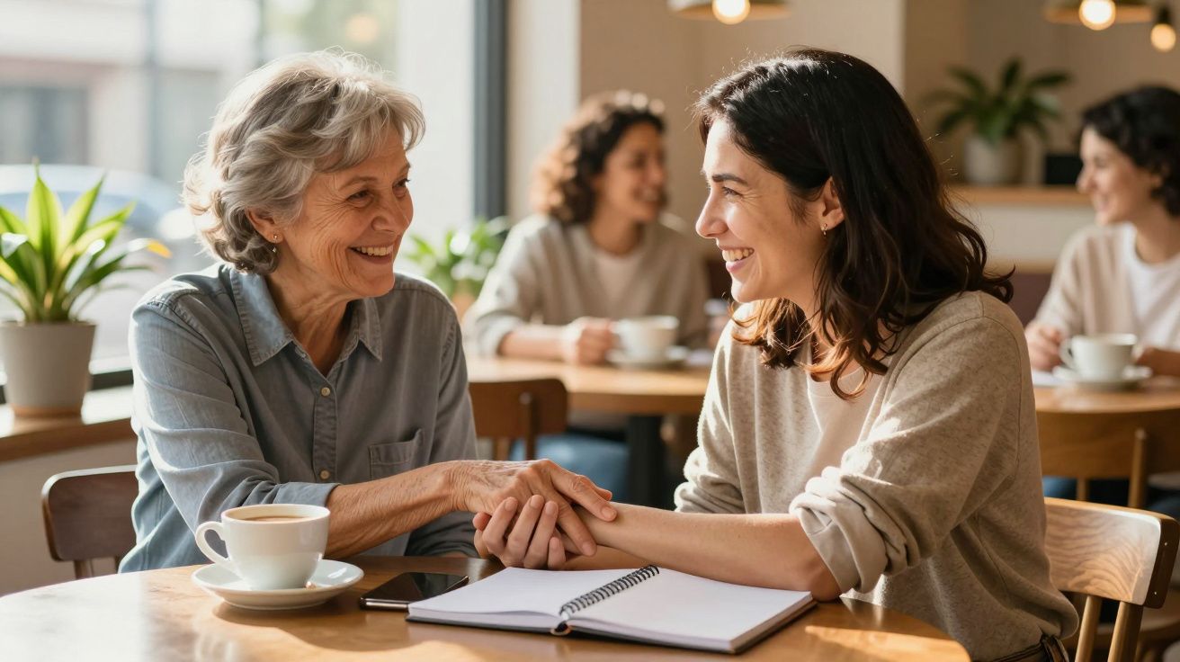 Duas mulheres sorridentes sentadas à mesa de um café, uma mais velha e outra mais nova, segurando as mãos.