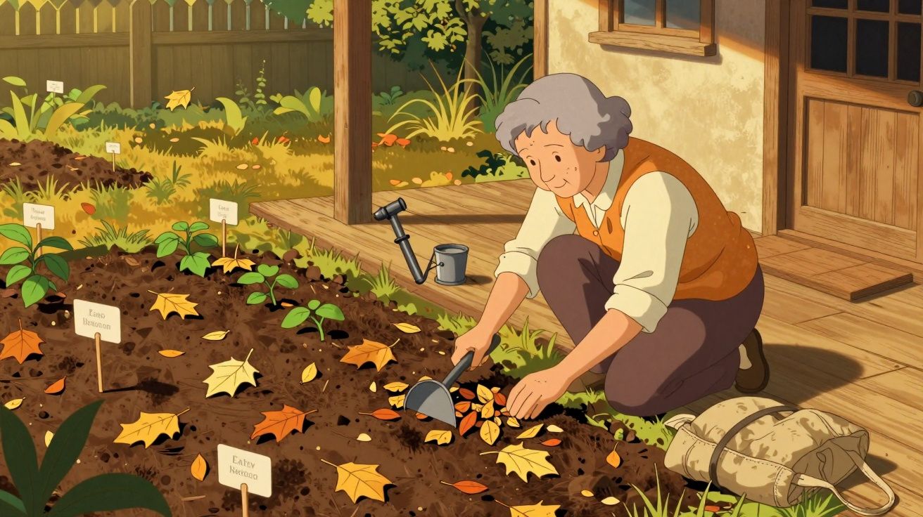 Idosa a cuidar do jardim junto a uma casa de madeira, a apanhar folhas caídas no chão.