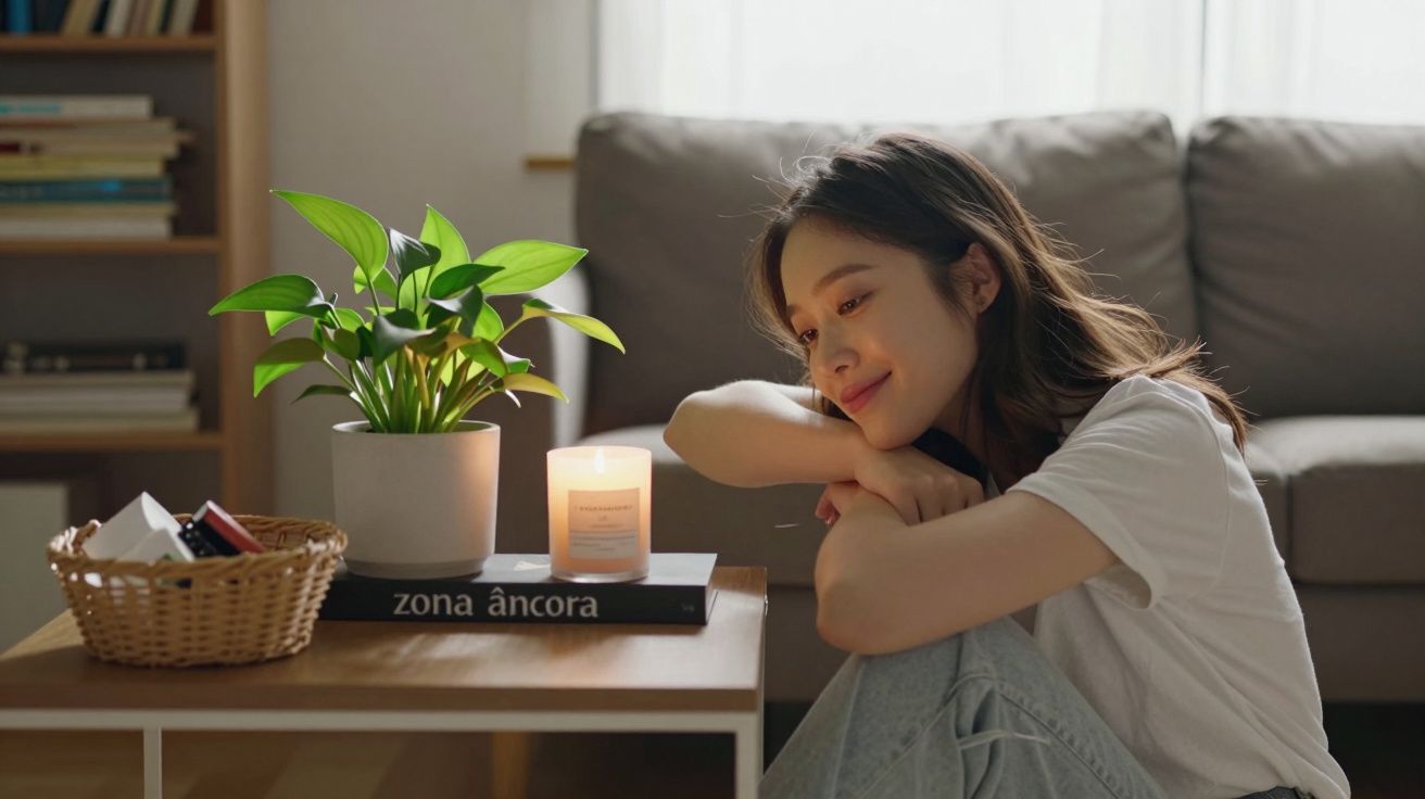 Mulher sentada no chão a olhar relaxada para uma vela acesa numa mesa com planta e livros.